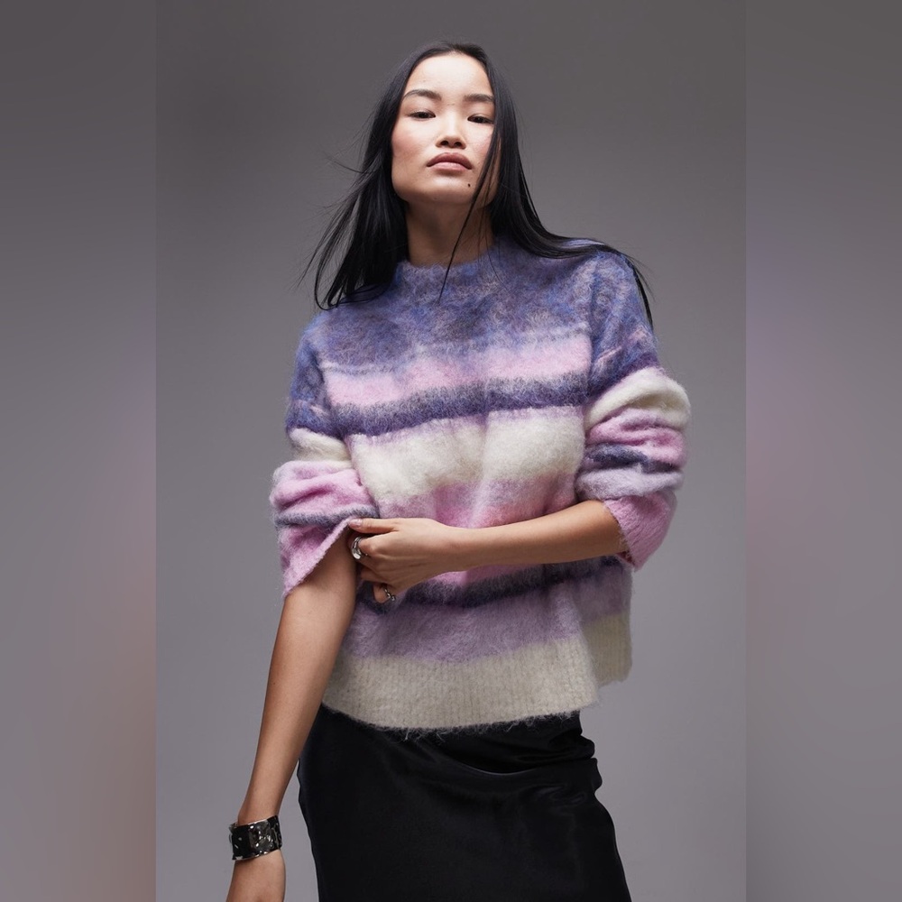 Topshop Stripe Fuzzy Oversized Fluffy Stripe Sweater Purple Pastel